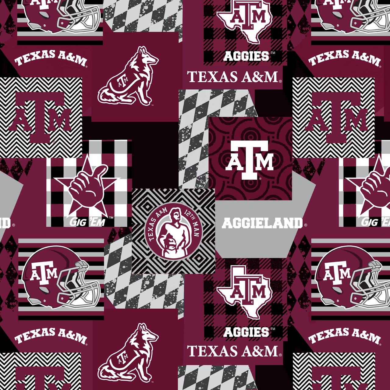 Sykel Enterprises-Texas A&M Minky Fabric with Geometric Design-Texas A and M Aggies Minky Fleece Sold By The Yard